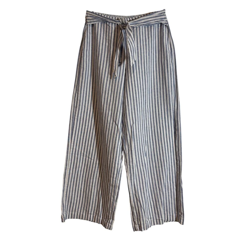 BeachLunchLounge Size M Linen Cotton Blend Wide Leg Pants Blue White Striped